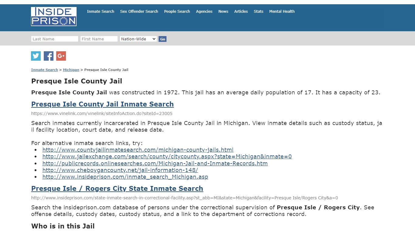 Presque Isle County Jail - Michigan - Inmate Search - Inside Prison